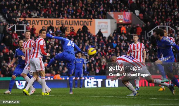 Jonathan Walters of Stoke City scores an own goal to make the score 0-1 during the Barclays Premier League match between Stoke City and Chelsea at...