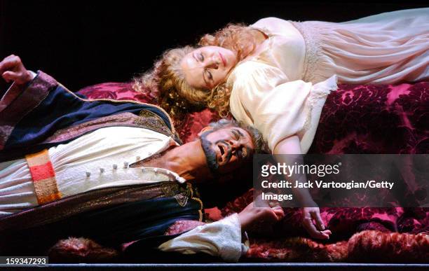 Spanish tenor Placido Domingo, as the titular character in Giuseppe Verdi's 'Otello,' and Renee Fleming, as 'Desdemona,' perform during the final...
