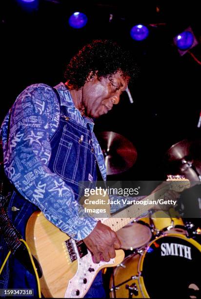 American blues musician Buddy Guy plays guitar on stage at the Bowery Ballroom, New York, New York, May 31, 2001.