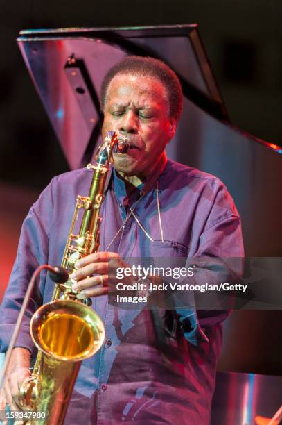 American jazz musician Wayne Shorter plays tenor saxophone on the Carhartt Amphitheatre Stage at the Detroit Jazz Festival, Detroit, Michigan,...