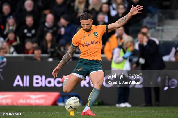 Quade Cooper of Australia kicks for goal during The Rugby Championship & Bledisloe Cup match between the New Zealand All Blacks and the Australia...