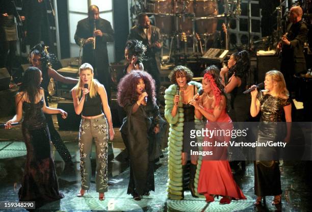 Elevated view of performers onstage during the 'Divas Live--An Honors Concert for VH1 Save the Music' at the Beacon Theater, New York, New York,...