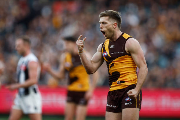 Dylan Moore of the Hawks zcduring the round 21 AFL match between Hawthorn Hawks and Collingwood Magpies at Melbourne Cricket Ground, on August 05 in...
