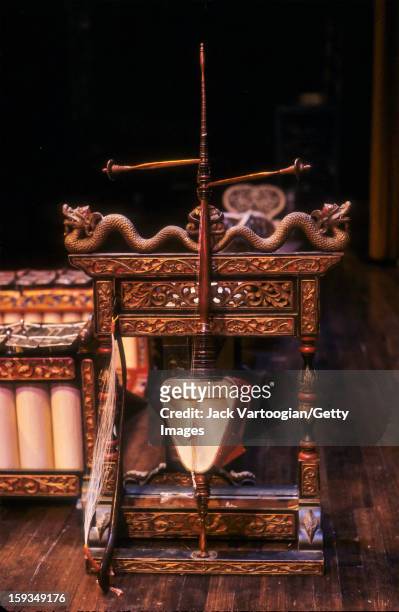 View of a classical Javanese stringed instrument on stage prior to a performance of 'Retna Padmuya' by the New York Indonesian Consulate Javanese...