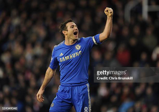 Frank Lampard of Chelsea celebrates during the Barclays Premier League match between Stoke City and Chelsea at the Britannia Stadium on January 12 in...