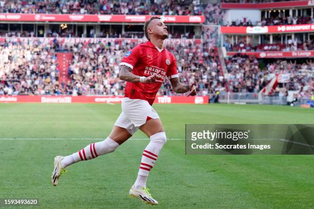 Noa Lang of PSV celebrates 1-0 during the Dutch Eredivisie match between PSV v FC Utrecht at the Philips Stadium on August 12, 2023 in Eindhoven...