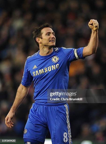 Frank Lampard of Chelsea celebrates during the Barclays Premier League match between Stoke City and Chelsea at the Britannia Stadium on January 12 in...