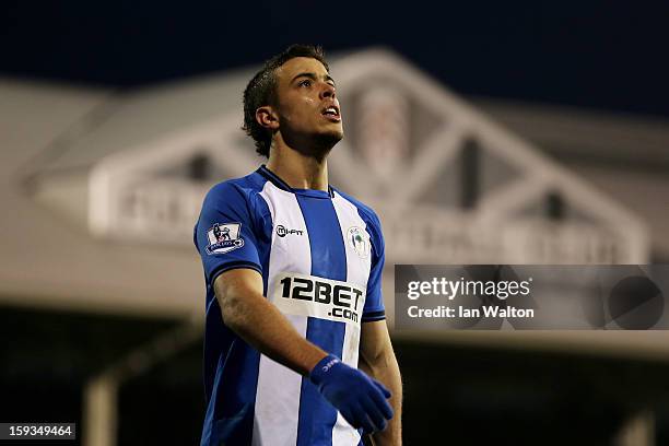 Franco Di Santo of Wigan reacts after a missed chance on goal during the Barclays Premier League match between Fulham and Wigan Athletic at Craven...