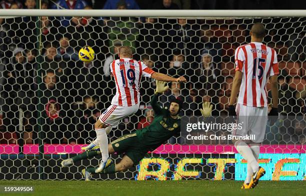 Jonathan Walters of Stoke City misses a penalty during the Barclays Premier League match between Stoke City and Chelsea at the Britannia Stadium on...