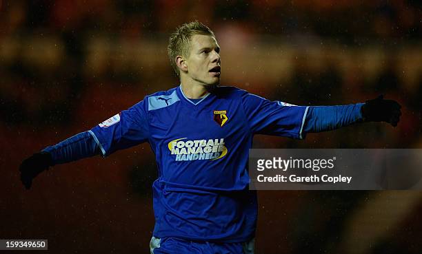 Matej Vydra of Watford celebrates scoring the second goal during the npower Championship match between Middlesbrough and Watford at Riverside Stadium...