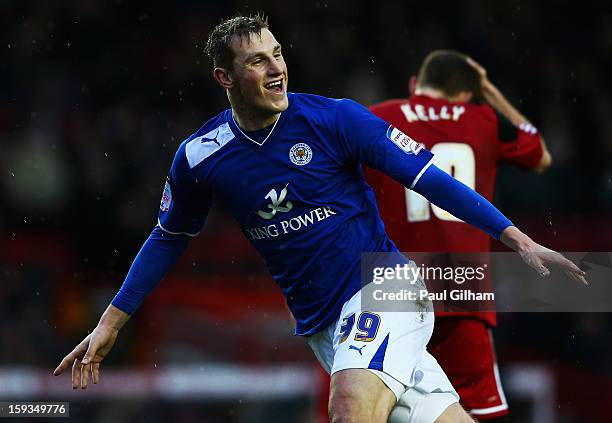 Chris Wood of Leicester City celebrates scoring the third goal for Leicer City during the npower Championship match between Bristol City and...