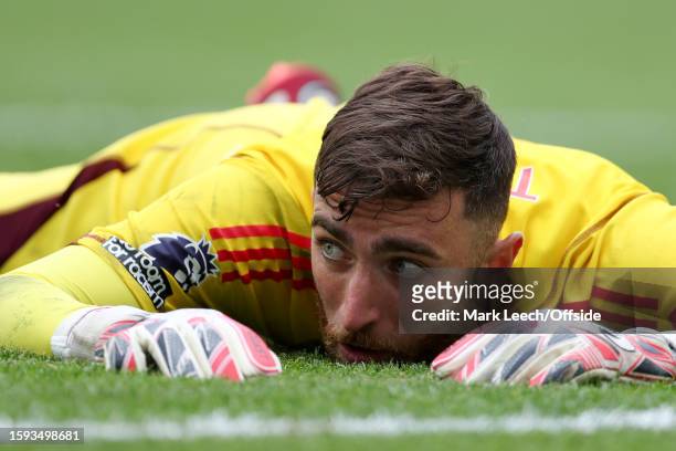 Nottingham Forest goalkeeper Matt Turner lies on the turf during the Premier League match between Arsenal FC and Nottingham Forest at Emirates...
