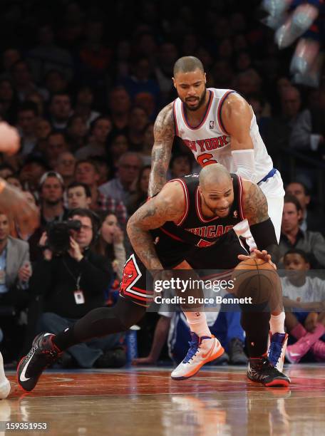 Carlos Boozer of the Chicago Bulls dribbles the ball against the New York Knicks at Madison Square Garden on January 11, 2013 in New York City. NOTE...