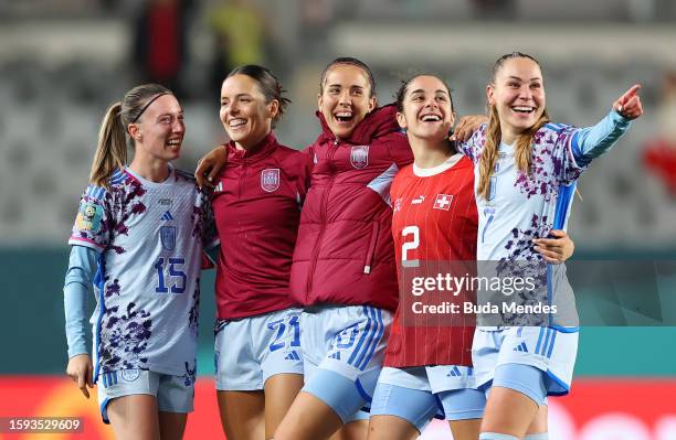 Spain players celebrate the team's 5-1 victory in the FIFA Women's World Cup Australia & New Zealand 2023 Round of 16 match between Switzerland and...