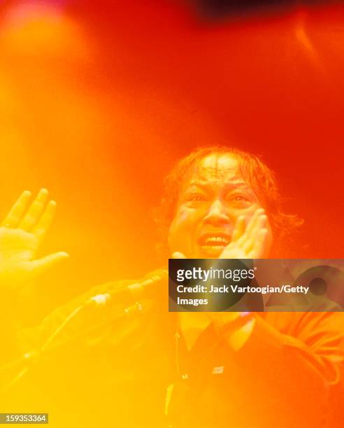 Pakistani musician Nusrat Fateh Ali Khan performs during a World Music Institute concert in Lincoln Center's Alice Tully Hall, New York, New York,...