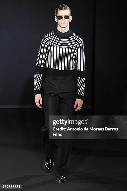 Model walks the runway during the Les Hommes show as a part of Milan Fashion Week Menswear Autumn/Winter 2013 on January 12, 2013 in Milan, Italy.