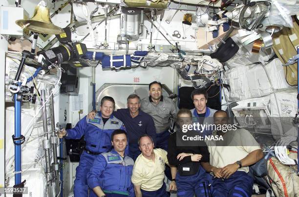 The three-man Expedition One crew hosts its second group of visitors since beginning occupancy of the International Space Station in November of last...