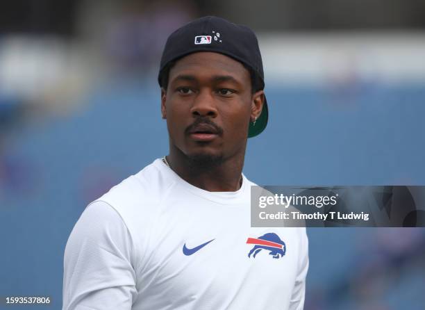 Stefon Diggs of the Buffalo Bills on the field before a preseason game against the Indianapolis Colts at Highmark Stadium on August 12, 2023 in...