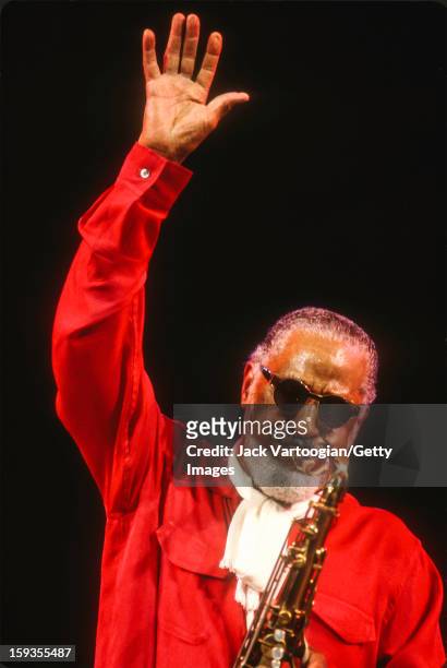 American musician Sonny Rollins plays tenor saxophone during a performance at Lincoln Center's Damrsoch Bandshell, New York, New York, August 16,...