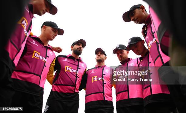 Sean Dickson of Somerset speaks to their side in the huddle during the Metro Bank One Day Cup match between Somerset and Warwickshire at The Cooper...