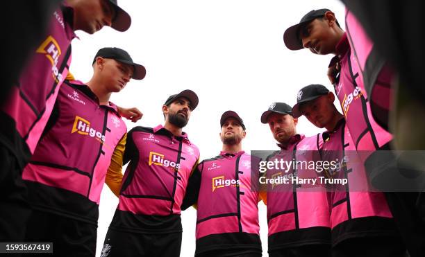 Sean Dickson of Somerset speaks to their side in the huddle during the Metro Bank One Day Cup match between Somerset and Warwickshire at The Cooper...