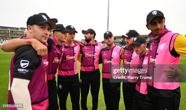 Players of Somerset look on from the huddle during the Metro Bank One Day Cup match between Somerset and Warwickshire at The Cooper Associates County...