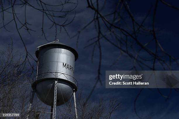 View of the Marfa water tower on December 24, 2012 in Marfa, Texas. Situated in West Texas, this town of just over 2000 residents has become a...