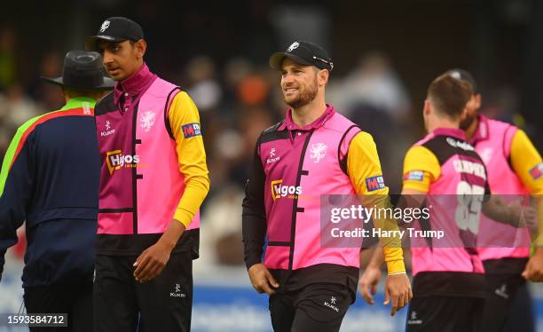 Sean Dickson and Shoaib Bashir of Somerset interact during the Metro Bank One Day Cup match between Somerset and Warwickshire at The Cooper...