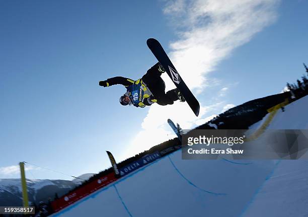 Luke Mitrani warms up before the start of the FIS Snowboard World Cup Half Pipe finals at the US Grand Prix on January 12, 2013 in Copper Mountain,...
