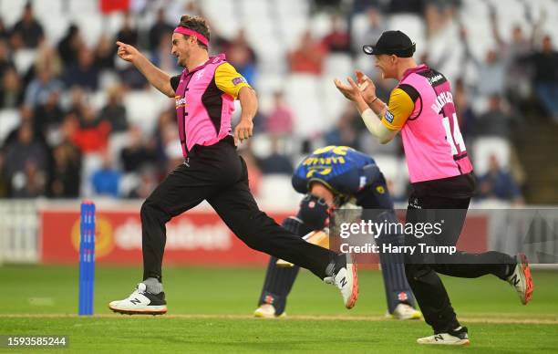 Jack Brooks of Somerset celebrates the wicket of Ed Barnard of Warwickshire during the Metro Bank One Day Cup match between Somerset and Warwickshire...
