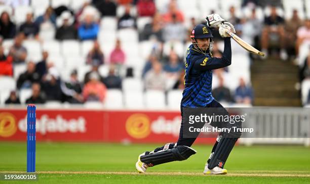 Ed Barnard of Warwickshire plays a shot during the Metro Bank One Day Cup match between Somerset and Warwickshire at The Cooper Associates County...