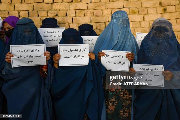 Afghan burqa-clad women hold placards as they protest for their right to education, in Mazar-i-Sharif on August 12, 2023.