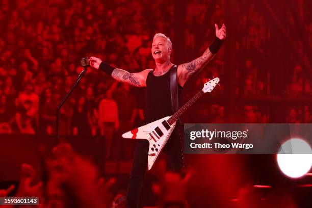 James Hetfield of Metallica performs at MetLife Stadium on August 04, 2023 in East Rutherford, New Jersey.