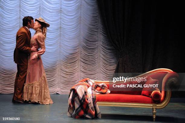 French actors Arnaud Denis and Marilyne Fontaine perform during a rehearsal of the play "L'importance d'etre serieux" based on a novel by Irish...