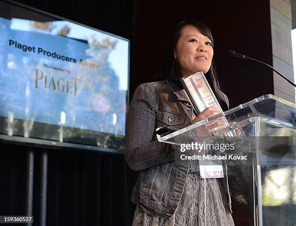 Producer Mynette Louie speaks onstage after receiving the Piaget Producers Award at the 2013 Film Independent Filmmaker Grant And Spirit Awards...