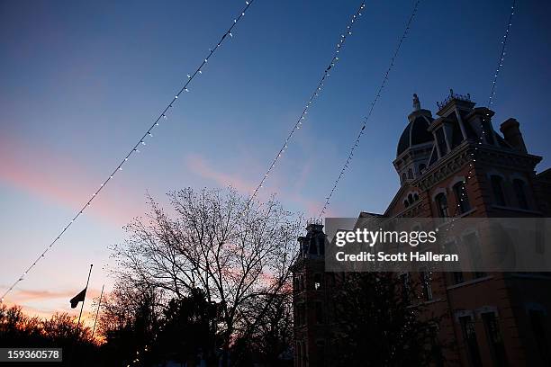 View of the Presidio County Courthouse as the sunsets on December 25, 2012 in Marfa, Texas. Situated in West Texas, this town of just over 2000...