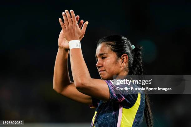 Daniela Arias of Colombia reacts after defeat during the FIFA Women's World Cup Australia & New Zealand 2023 Quarter Final match between England and...