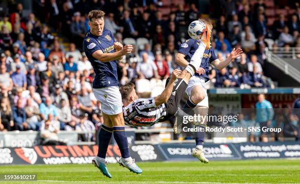 St Mirren's Greg Kiltie attempts an overhead kick during a cinch Premiership match between St Mirren and Dundee at SMiSA Stadium, on August 12 in...