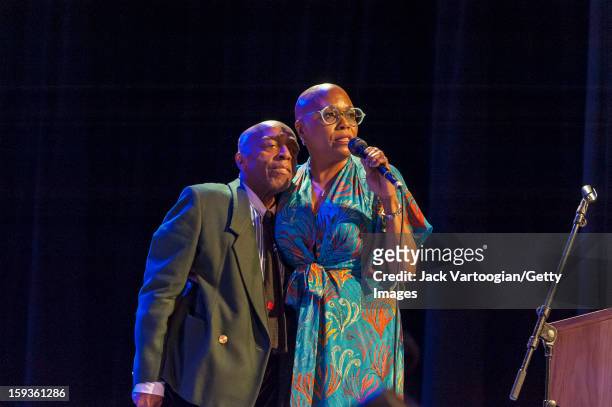 At 'Jazz For Obama 2012: The Jazz Concert For America's Future,' American musicians Roy Haynes and vocalist Dee Dee Bridgewater perform onstage at...