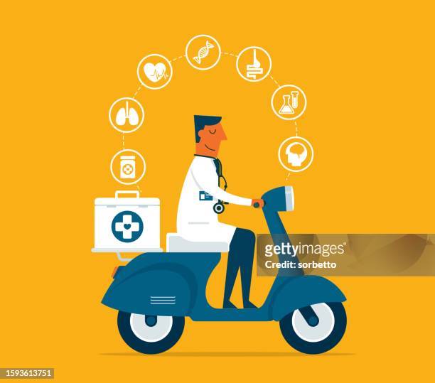 illustrations, cliparts, dessins animés et icônes de médecin en uniforme conduisant un scooter - delivery bike