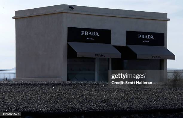 Prada Marfa which is a permanently installed sculpture by artists Elmgreen and Dragset to resemble a Prada store is seen on December 27, 2012 in...