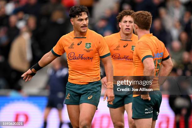 Jordan Petaia of Australia talks with Andrew Kellaway of Australia during The Rugby Championship & Bledisloe Cup match between the New Zealand All...