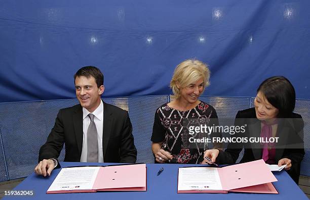 French Interior Minister Manuel Valls, head of France's computer technology watchdog CNIL, Isabelle Falque-Pierrotin and French Junior Minister for...