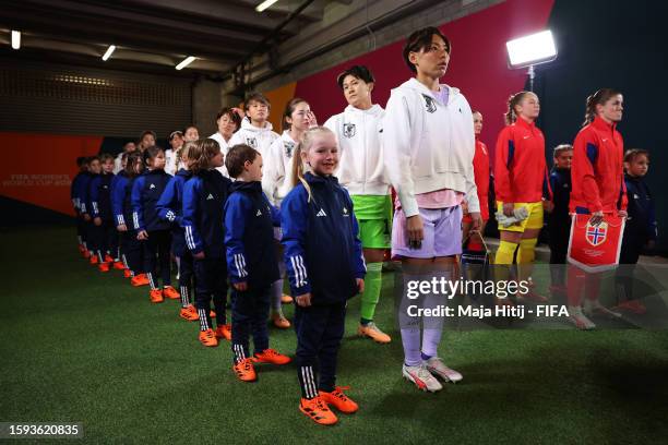 Saki Kumagai of Japan prepares to lead her teammates out prior to the FIFA Women's World Cup Australia & New Zealand 2023 Round of 16 match between...