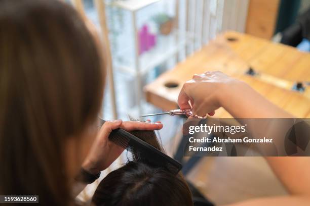 close-up of a hairdresser cutting the hair of a client - hairdresser scissors stock pictures, royalty-free photos & images