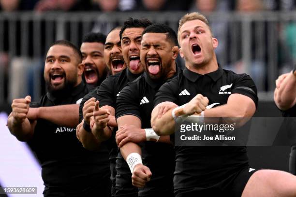 New Zealand perform the haka during The Rugby Championship & Bledisloe Cup match between the New Zealand All Blacks and the Australia Wallabies at...