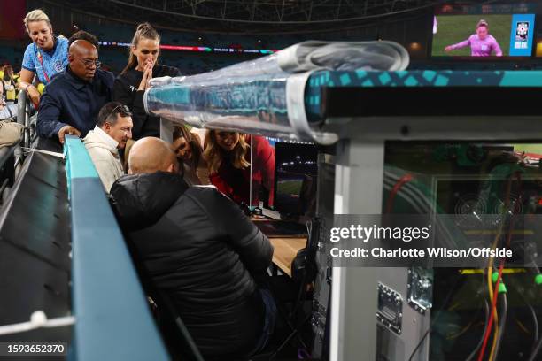 Ian Wright watches the penalty shoot-out between Australia and France with other pundits during the FIFA Women's World Cup Australia & New Zealand...