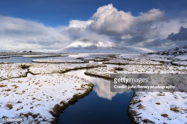 majestic salt flats with snow and reflections, isle of harris, scotland - reflection pool stock pictures, royalty-free photos & images