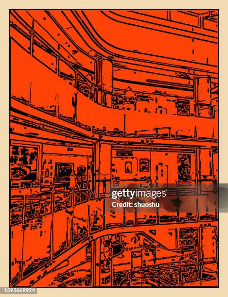 abstract woodcut art indoor of modern building patter background - hotel corridor stock illustrations