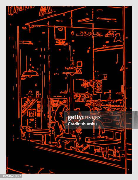 abstract woodcut art people in cafe patter background - coffee city stock illustrations